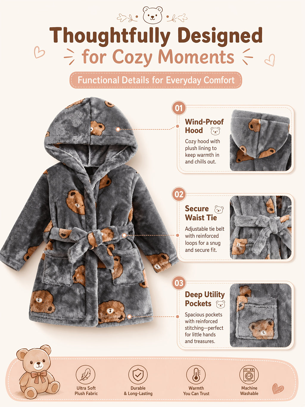 Baby grey long hooded bathrobe
