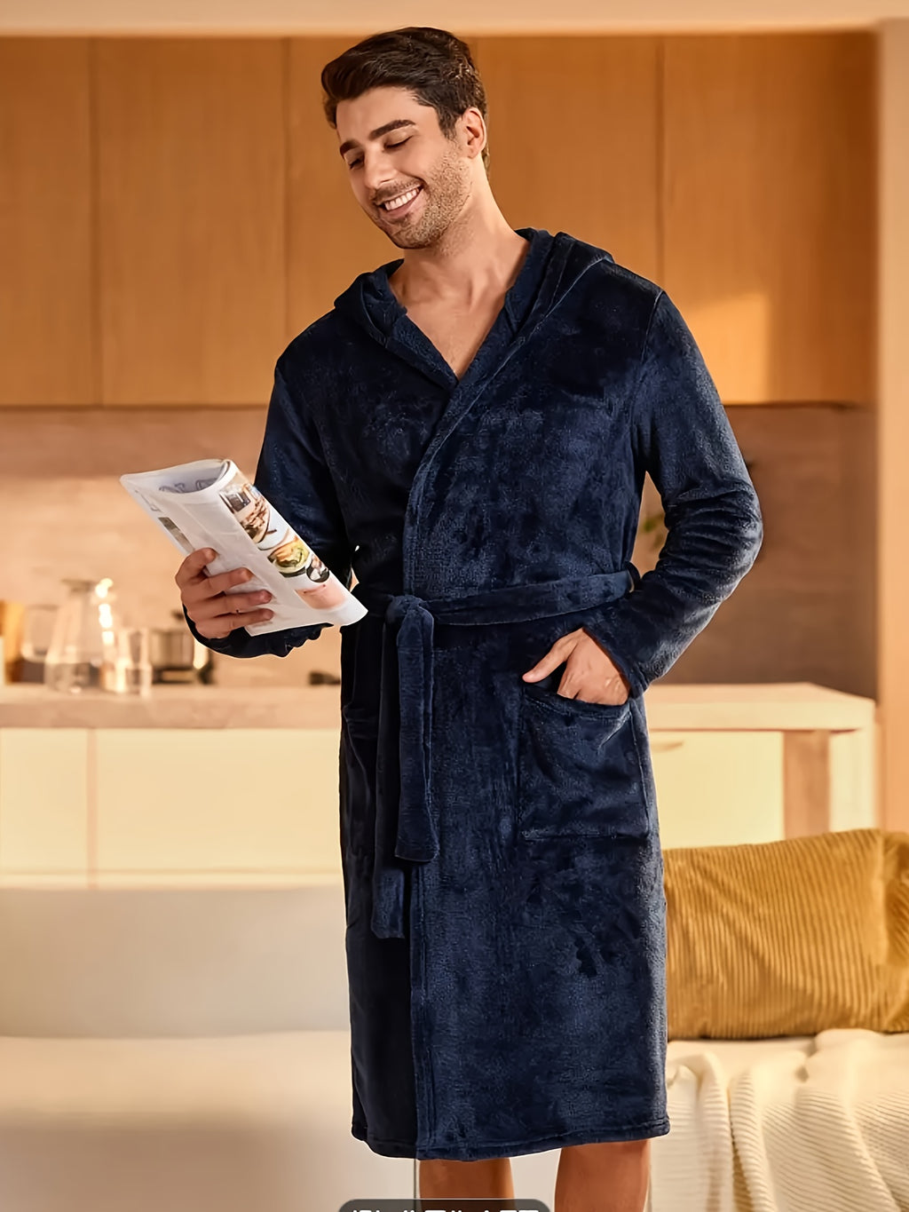 Women's hooded flannel bathrobe
