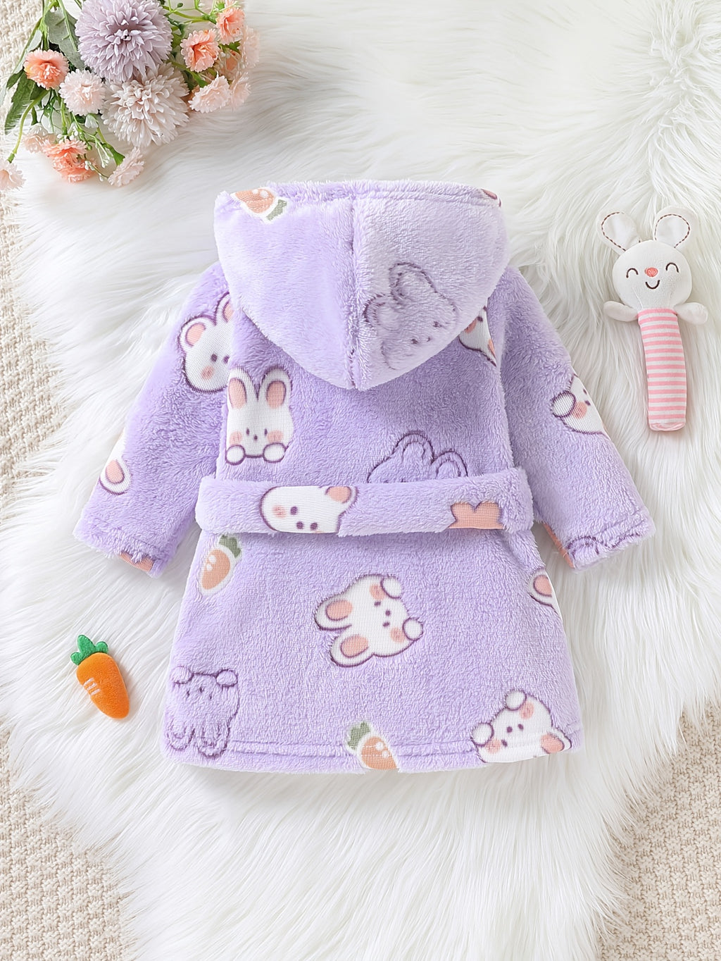 Baby purple long hooded fluffy fleece bathrobe