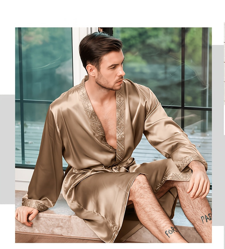 Men's champagne mulberry silk dressing gown