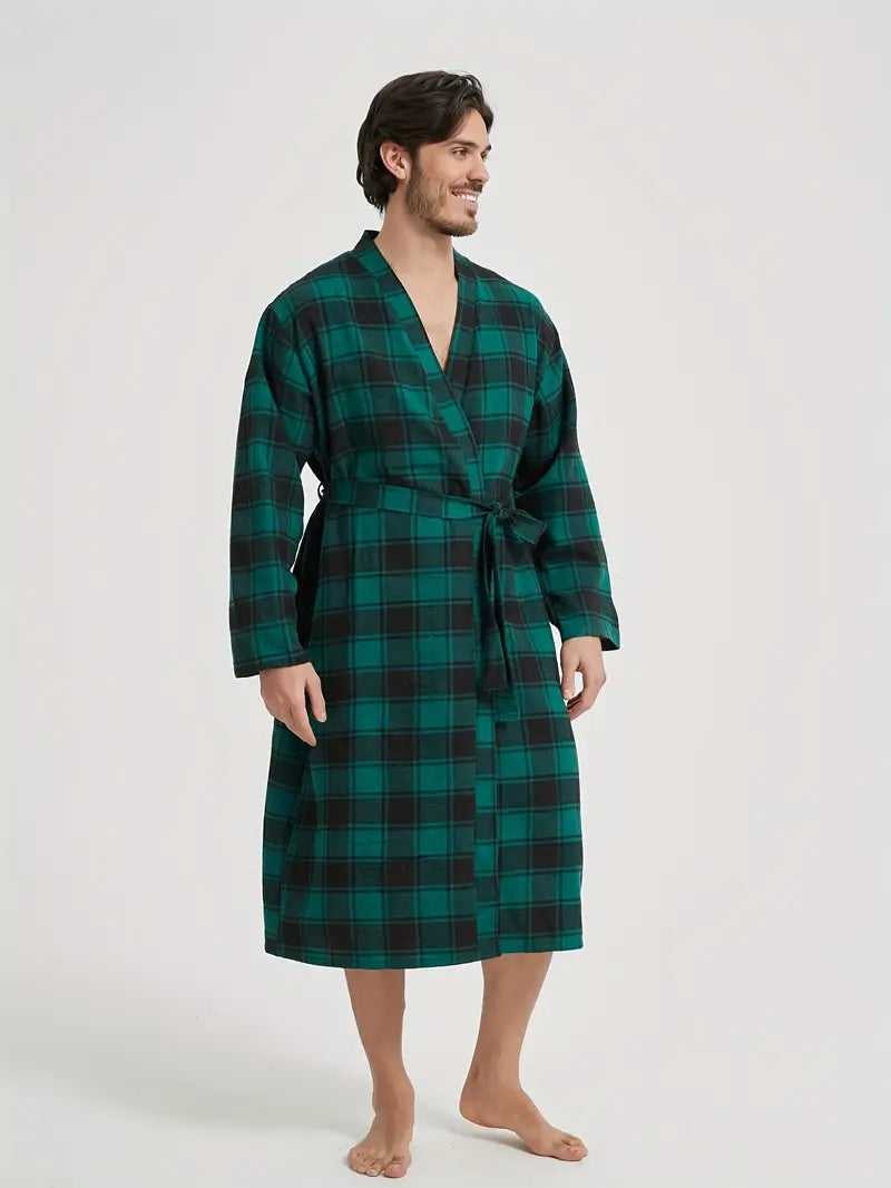 Men's long checked cotton dressing gown