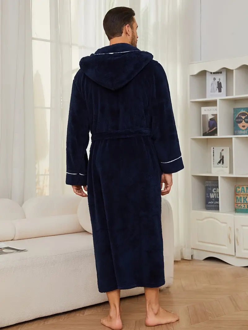 Men's thick hooded fleece bathrobe
