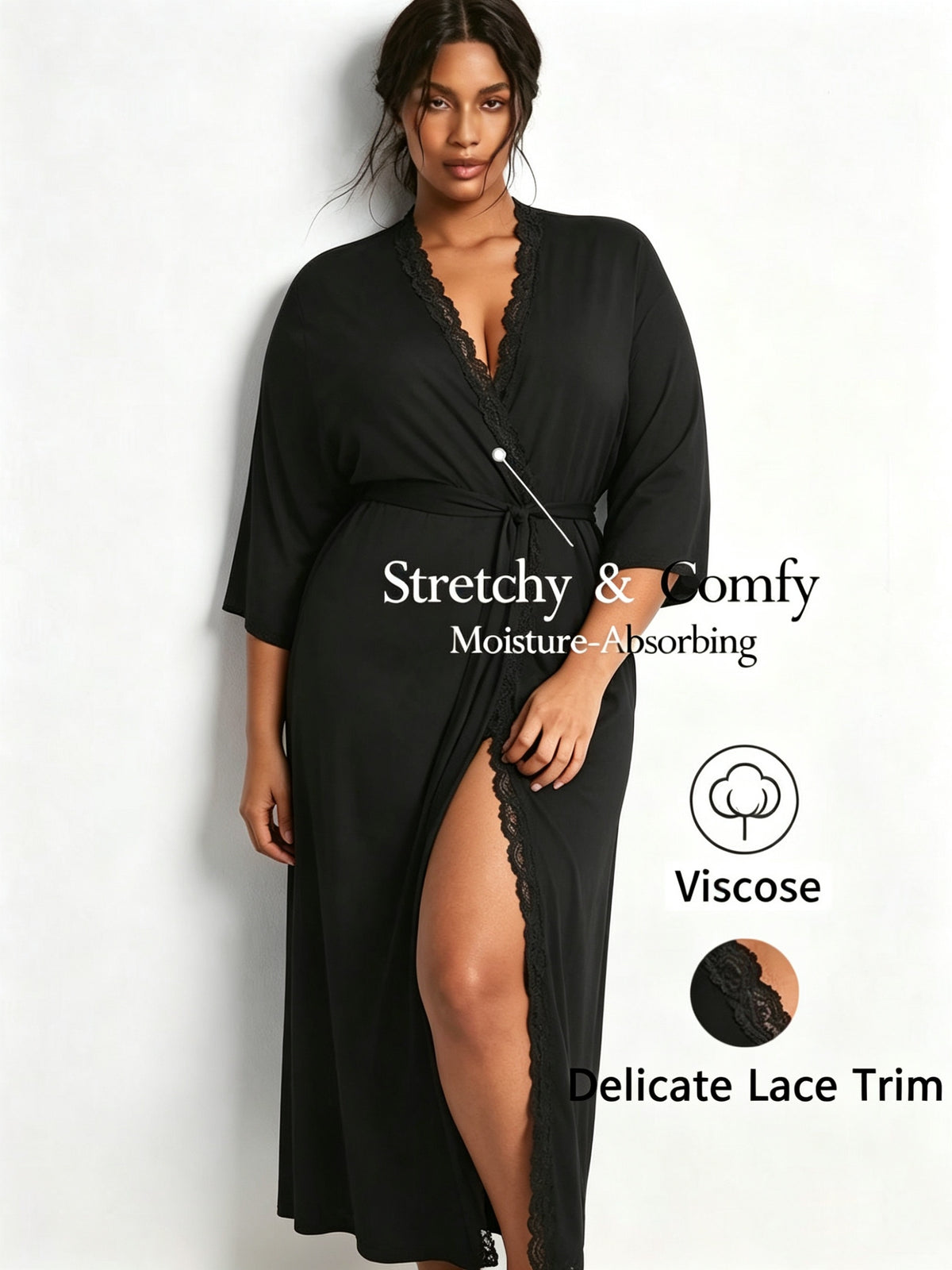 Women's black modal lace dressing gown