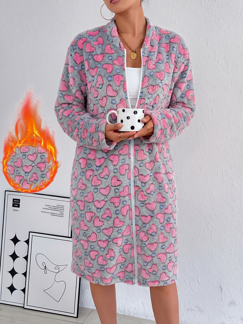 Women's heart and polka dot flannel zip-up dressing gown