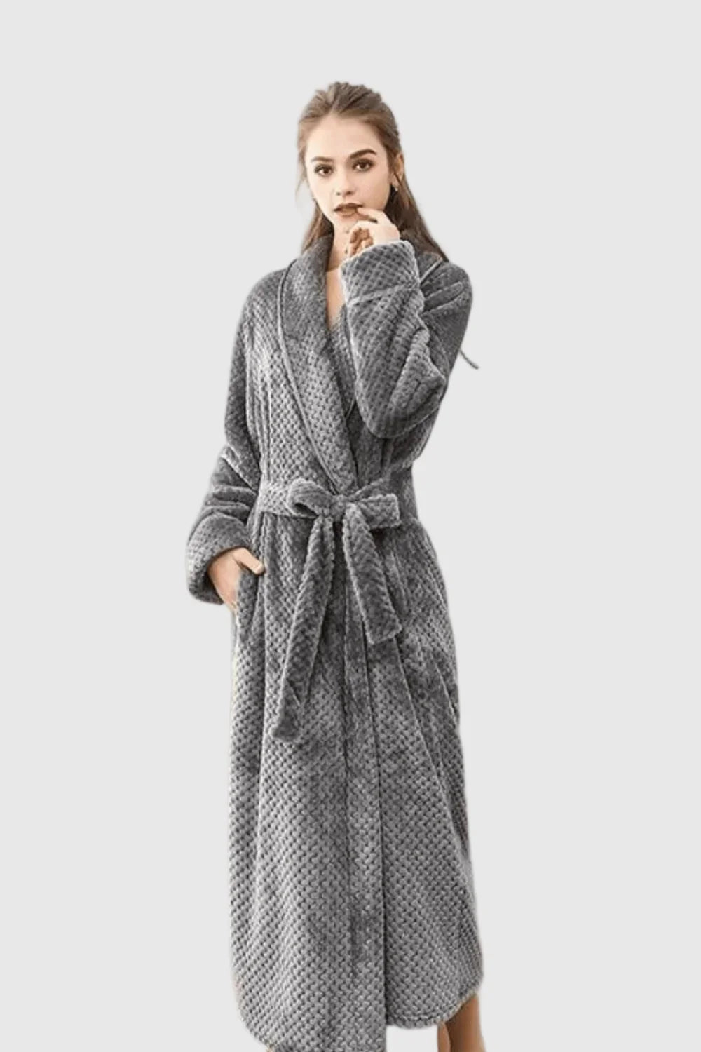 Women's long grey fleece dressing gown — White