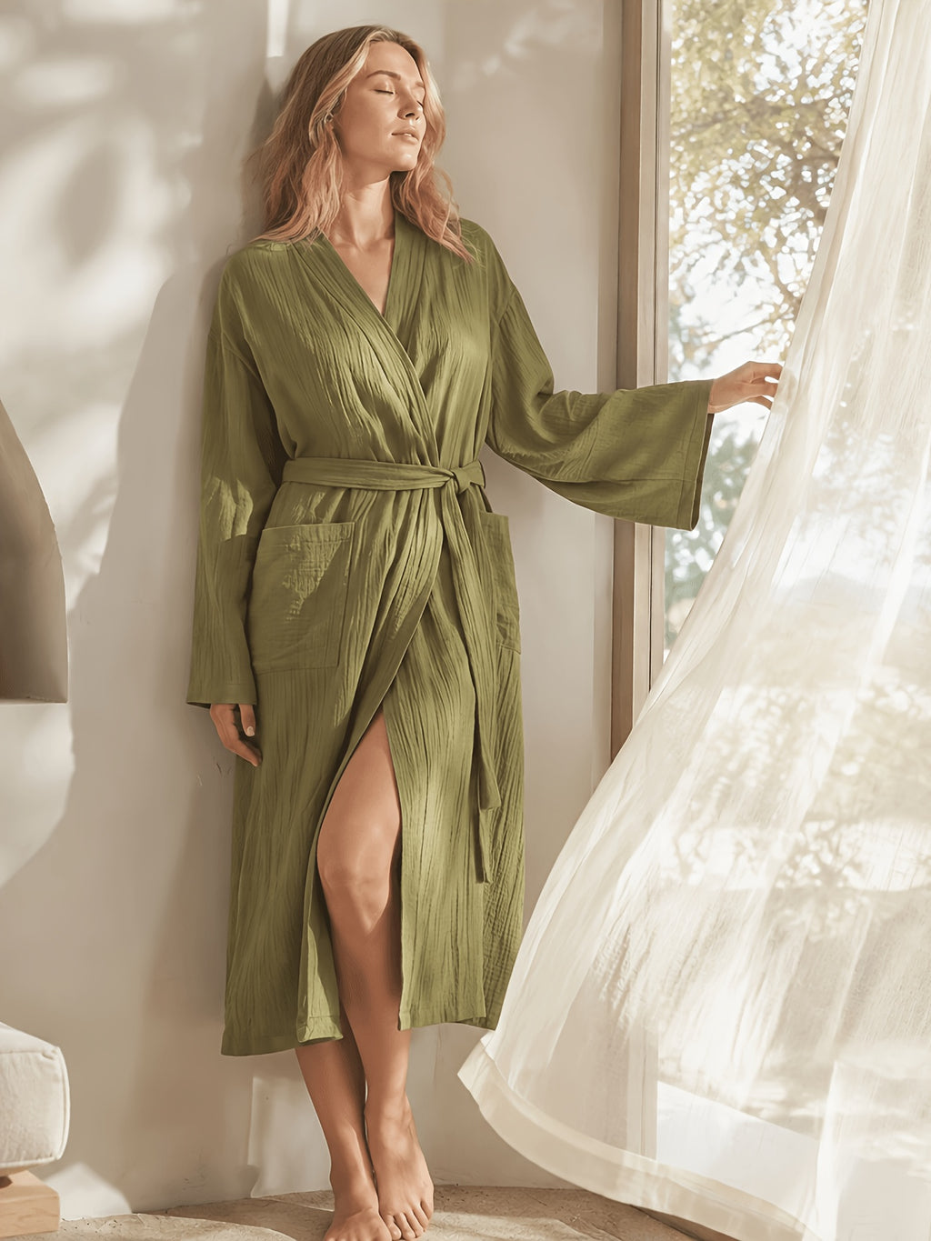 Women's beige long bathrobe