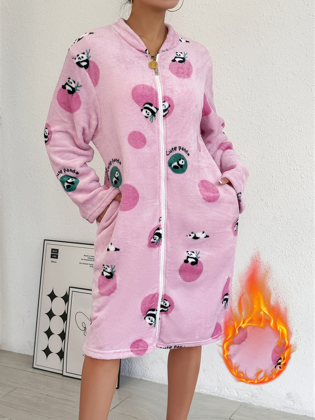 Women's pink patterned flannel zip-up dressing gown