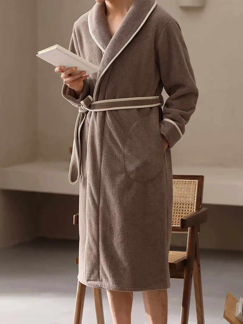 Men's long brown fleece bathrobe, premium — Brown