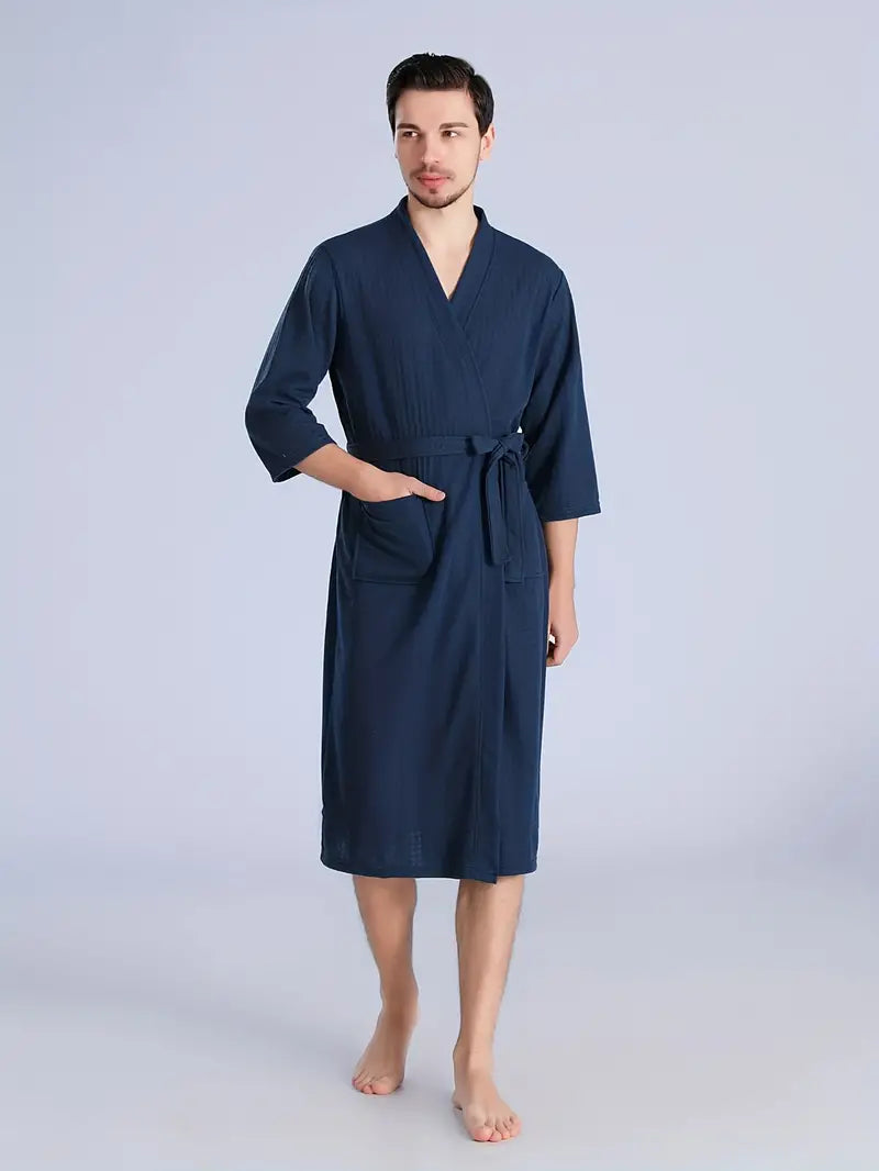 Men's short waffle bathrobe — Navy