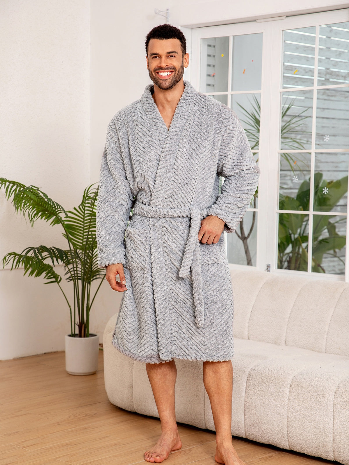 Men's long fleece bathrobe