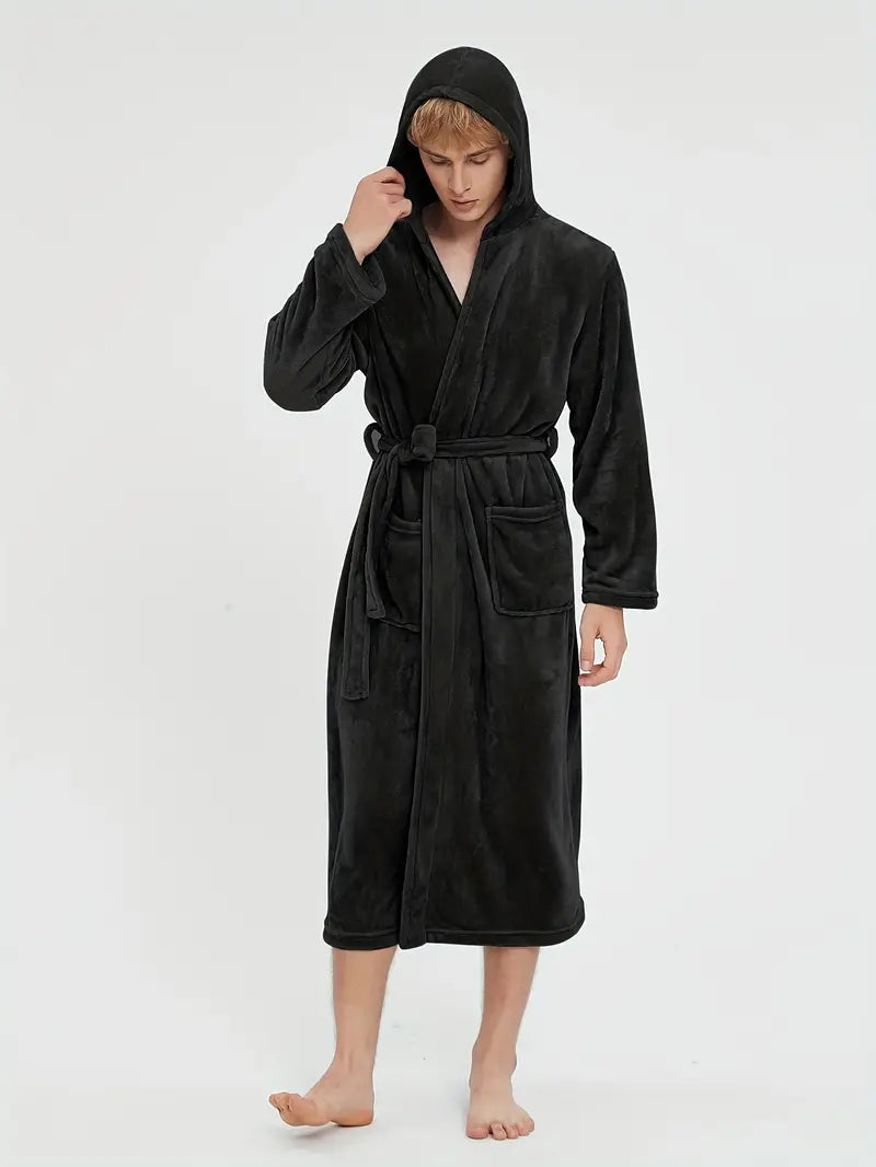 Men's hooded fleece bathrobe, charcoal