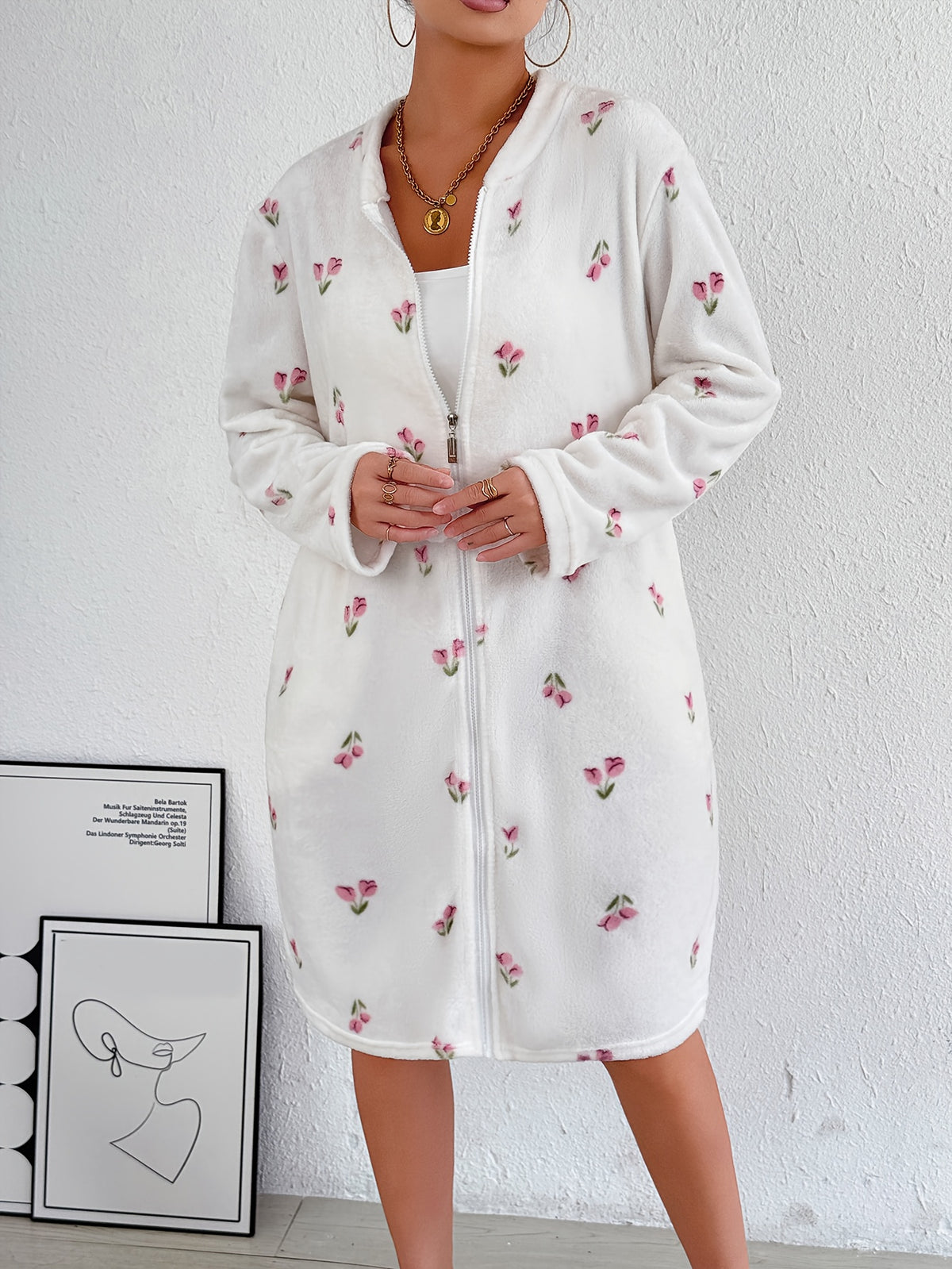 Women's pink patterned flannel zip-up dressing gown