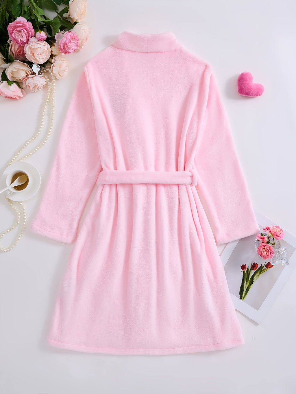 Women's pink long heart print flannel dressing gown