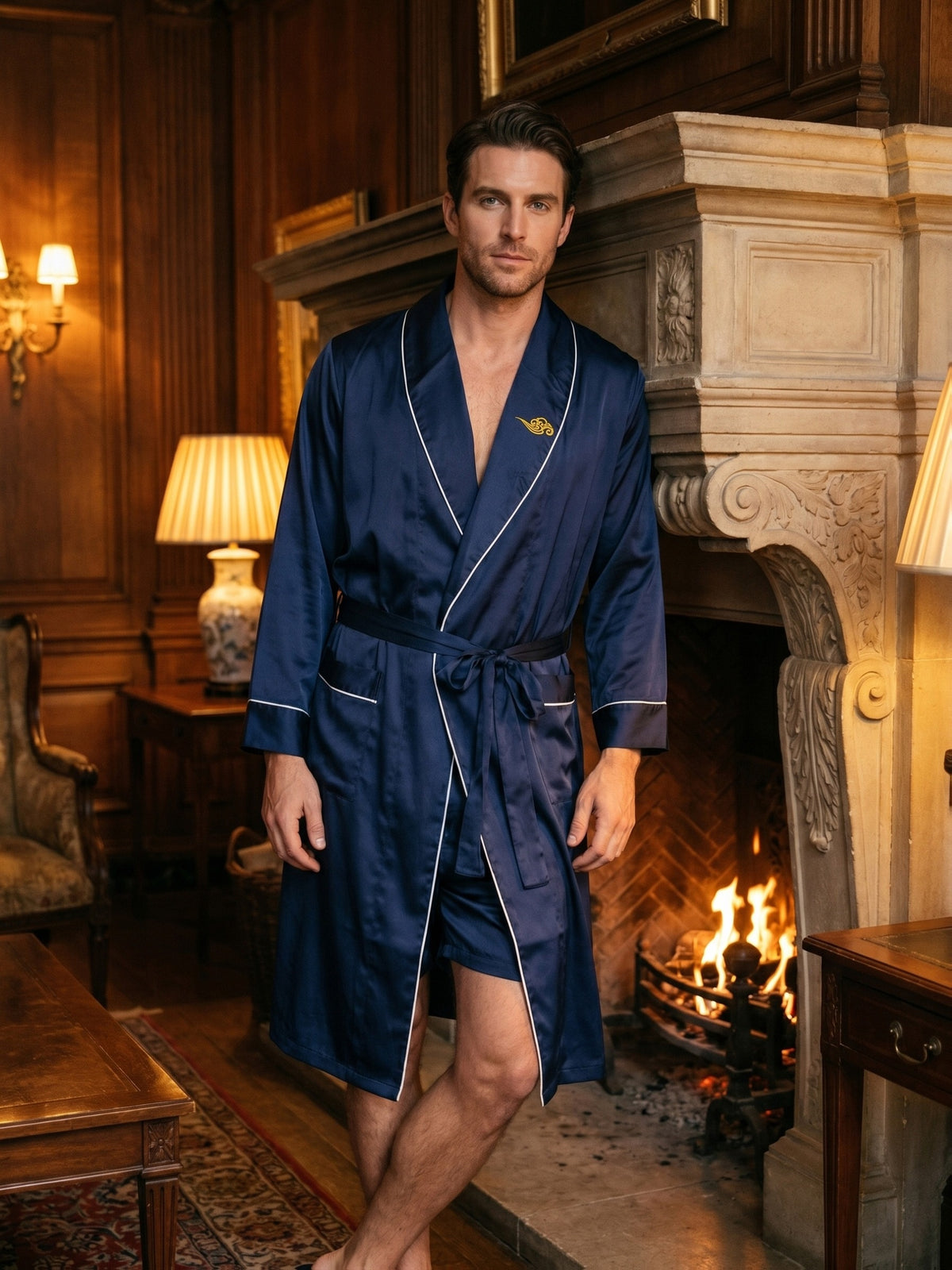 Men's embroidered satin dressing gown and shorts set