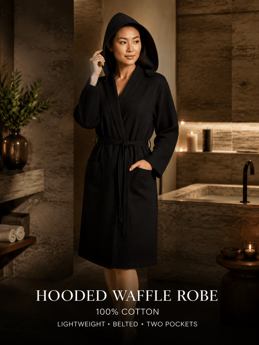Women's hooded waffle bathrobe