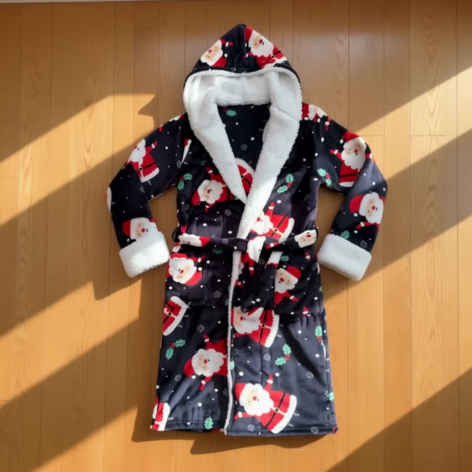 Men's navy Santa print hooded flannel dressing gown