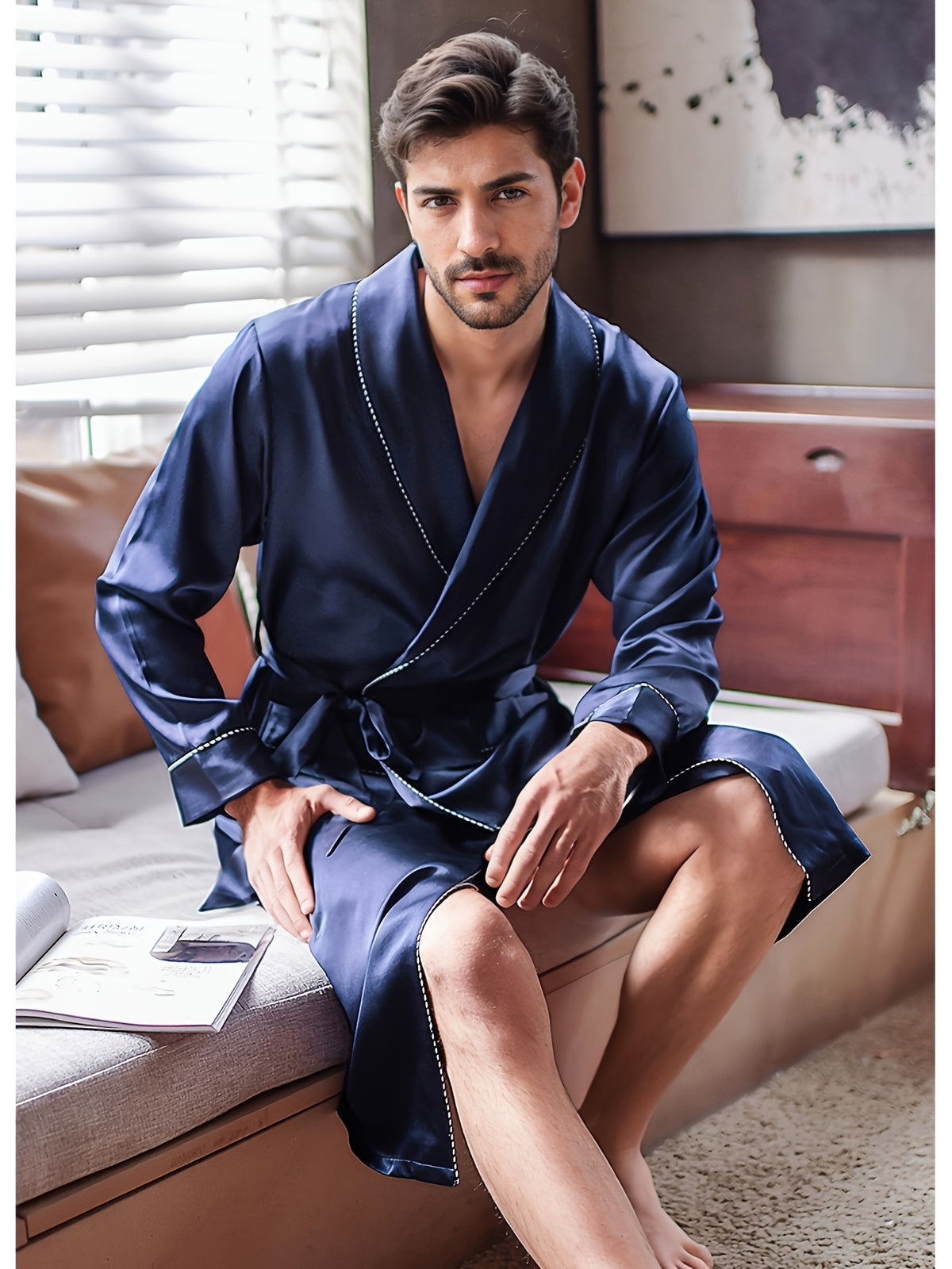 Men's navy mulberry silk dressing gown