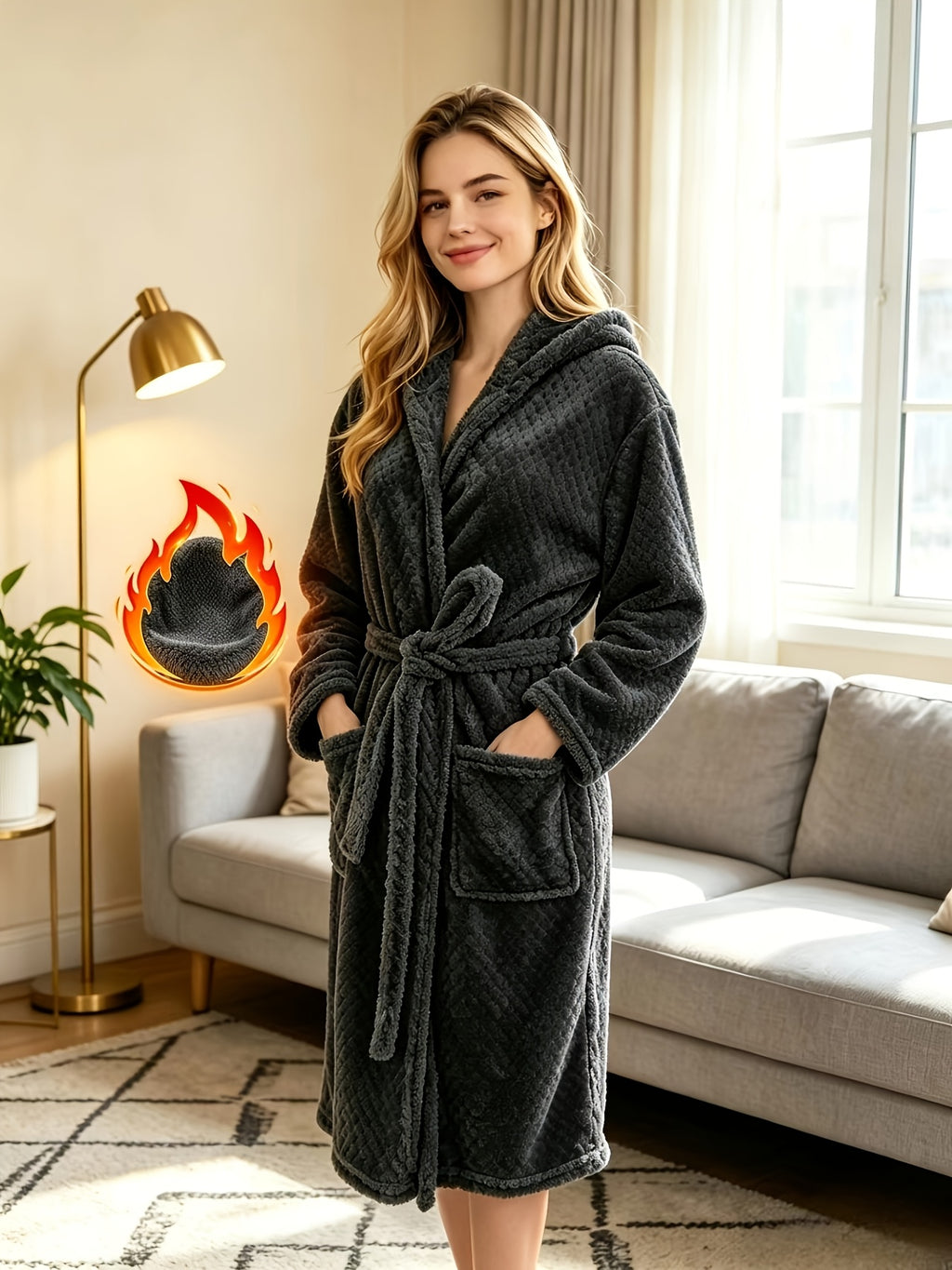 Women's grey hooded flannel bathrobe