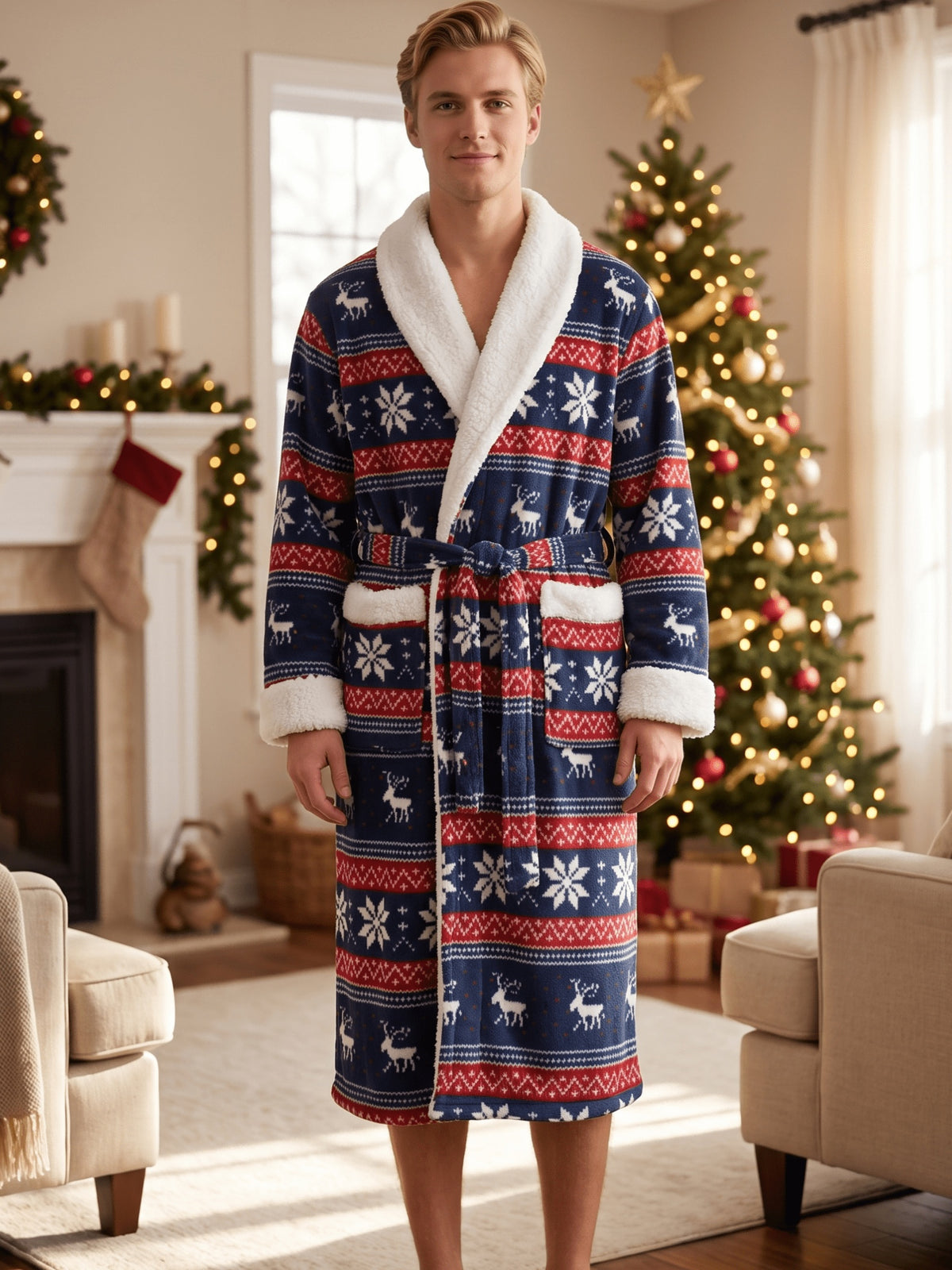 Men's navy Fair Isle Christmas flannel dressing gown