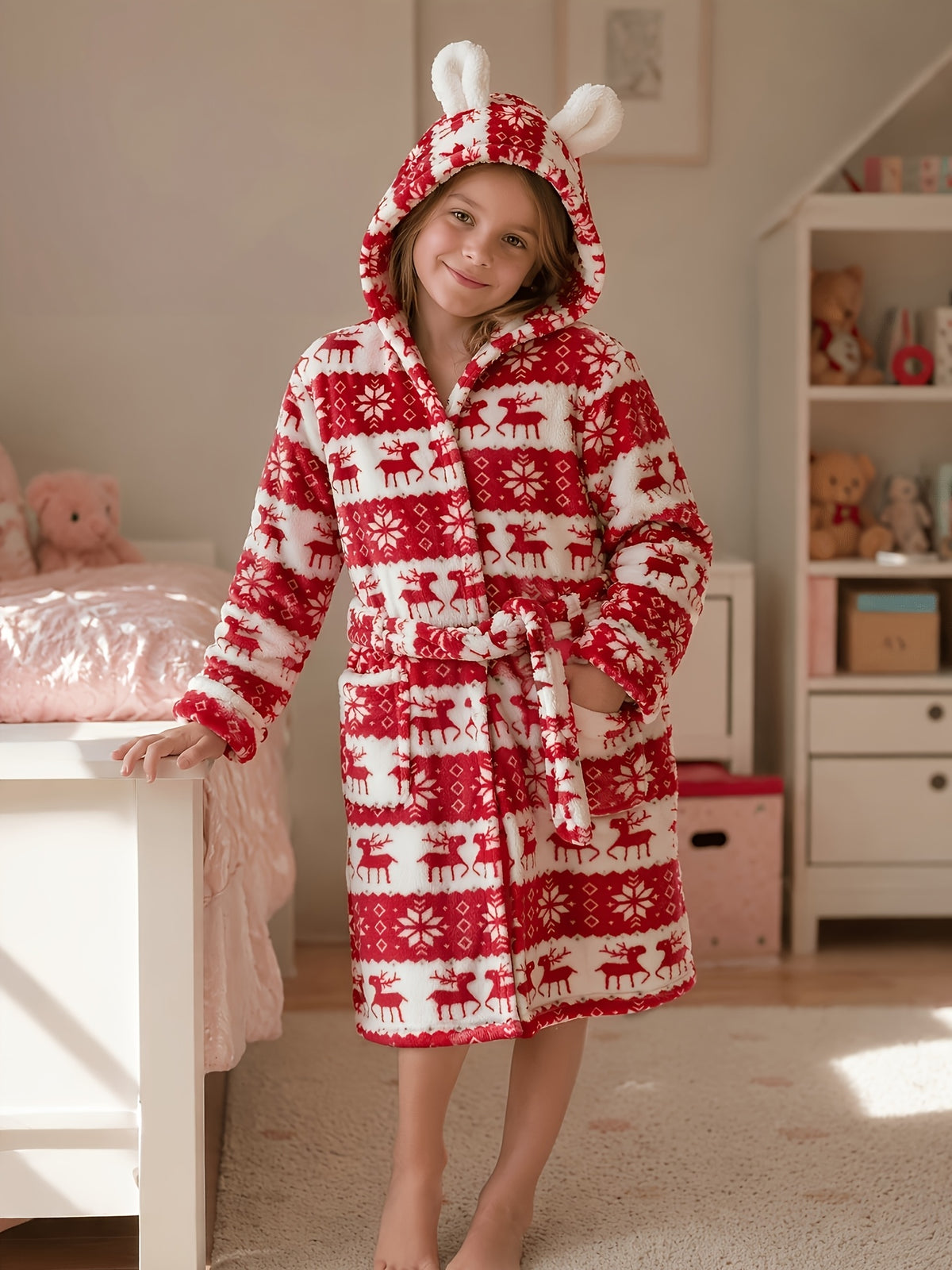 Kids' Fair Isle Christmas hooded fleece dressing gown