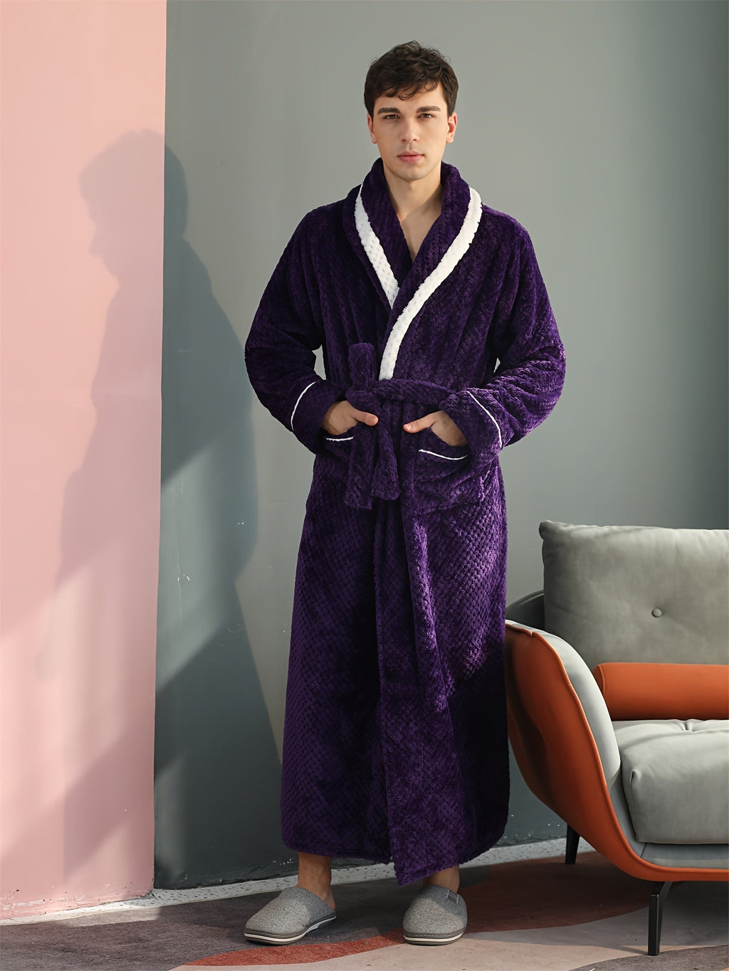 Men's long waffle velour dressing gown