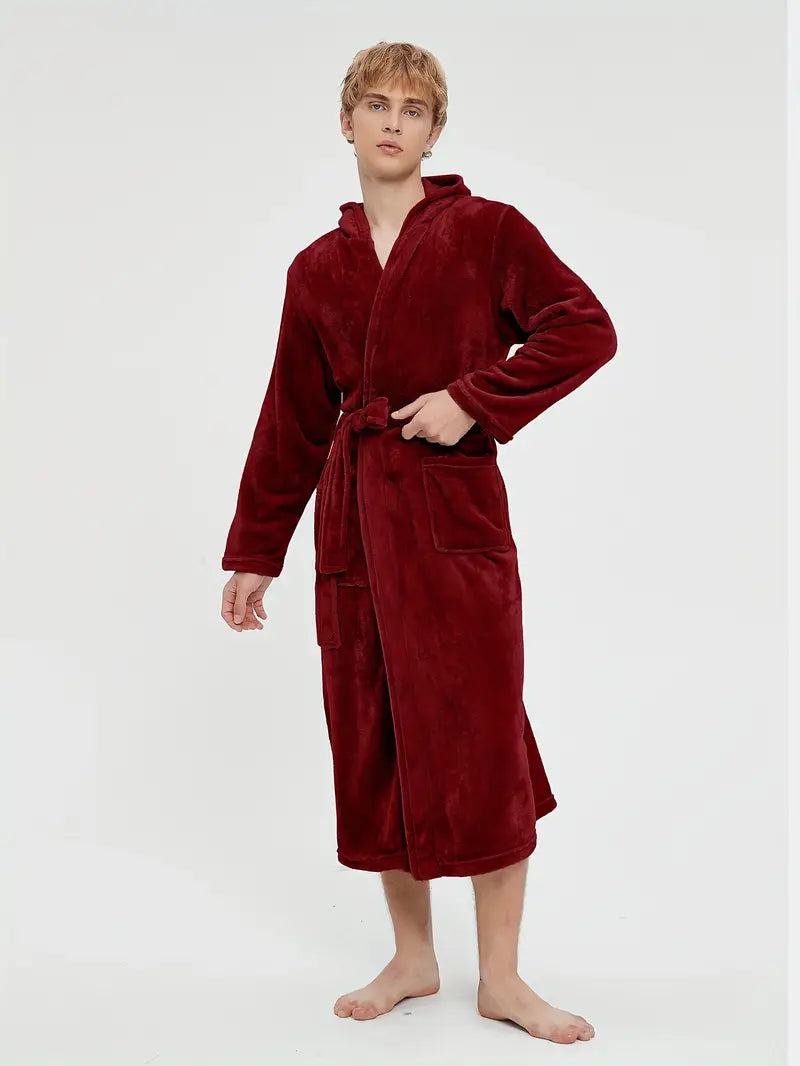 Men's hooded fleece bathrobe, charcoal