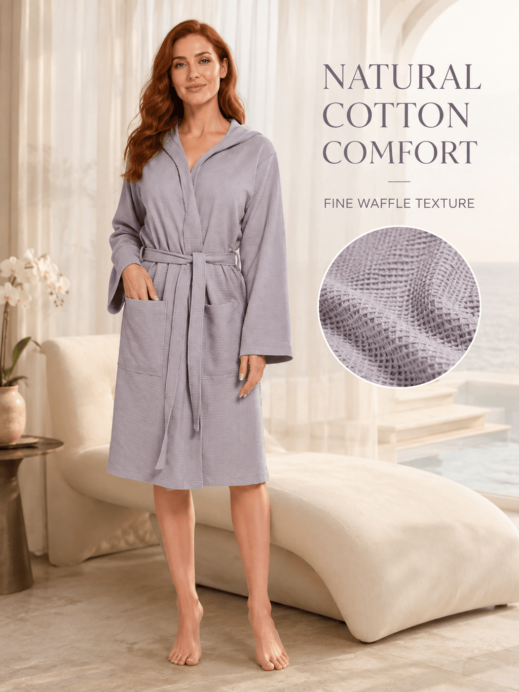 Women's hooded waffle bathrobe