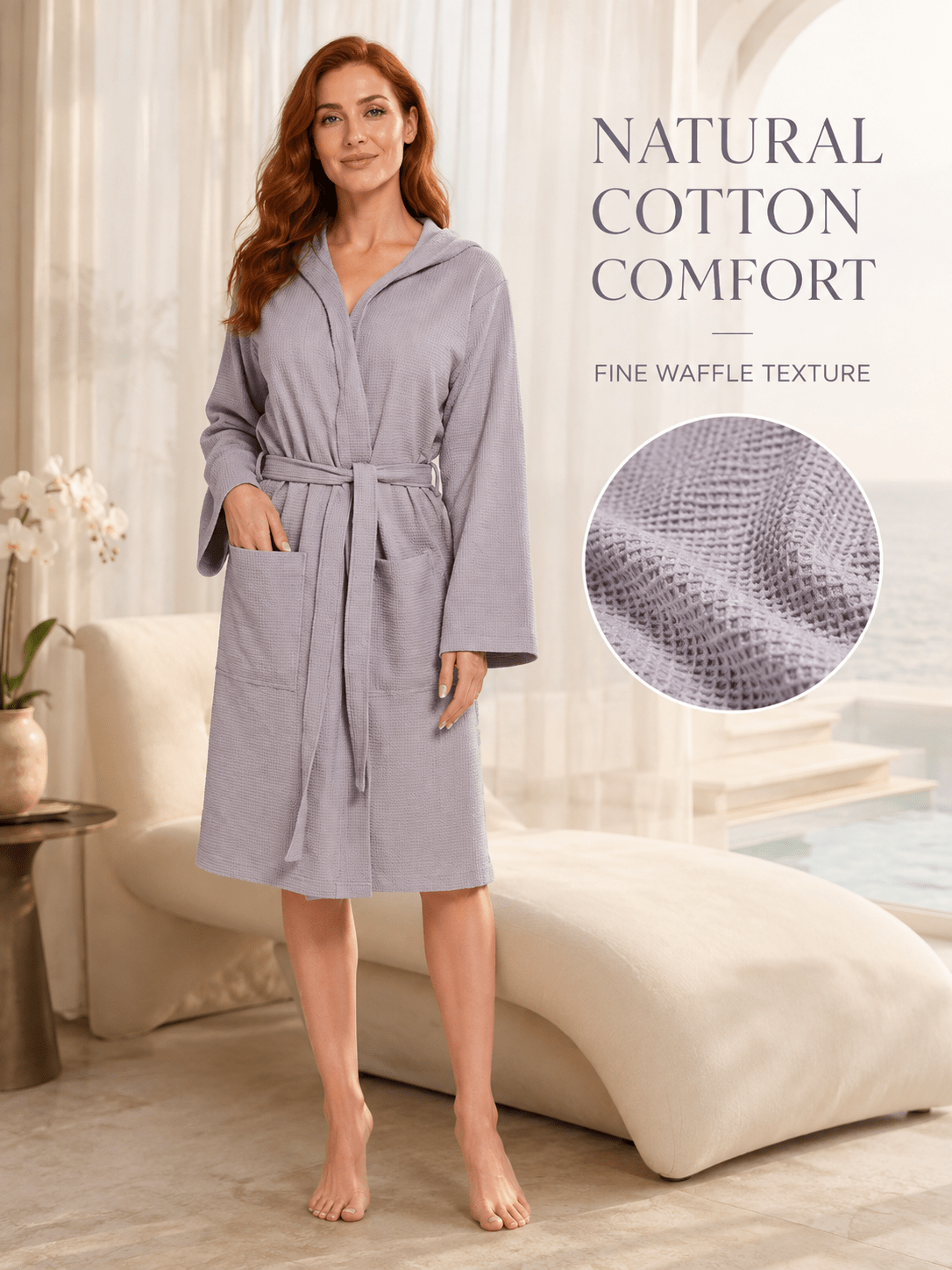 Women's hooded waffle bathrobe