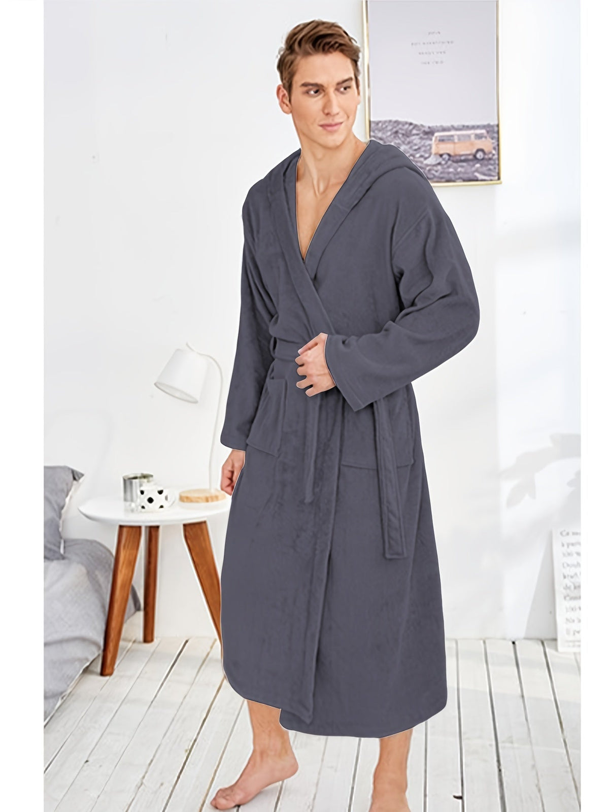 Men's soft hooded fleece dressing gown, beige — Grey