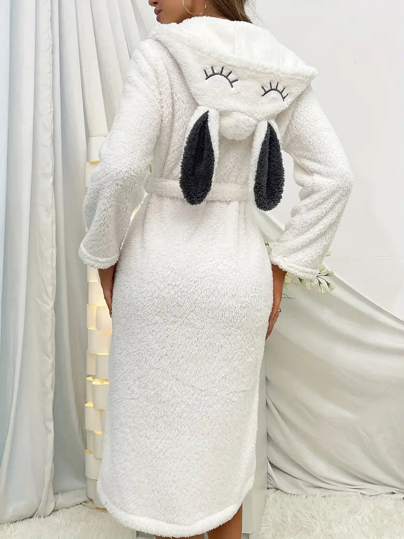 Women's rabbit ear hooded fleece bathrobe