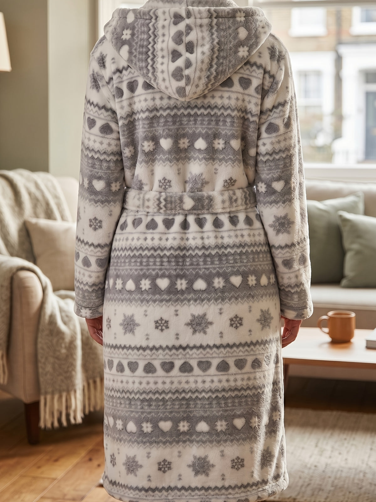 Women's grey flannel hooded dressing gown
