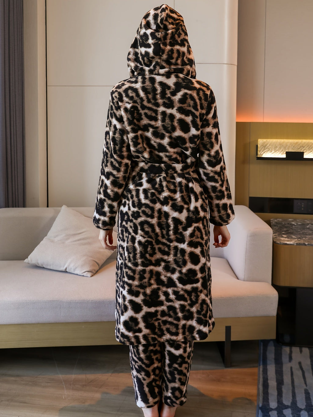Women's leopard print hooded fleece dressing gown