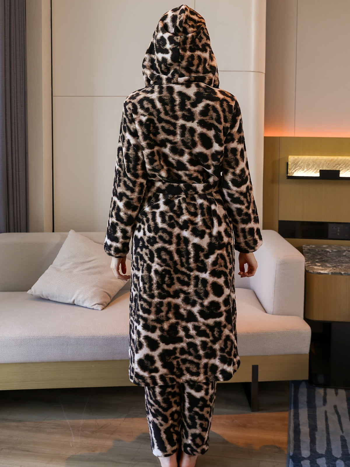 Women's leopard print hooded fleece dressing gown