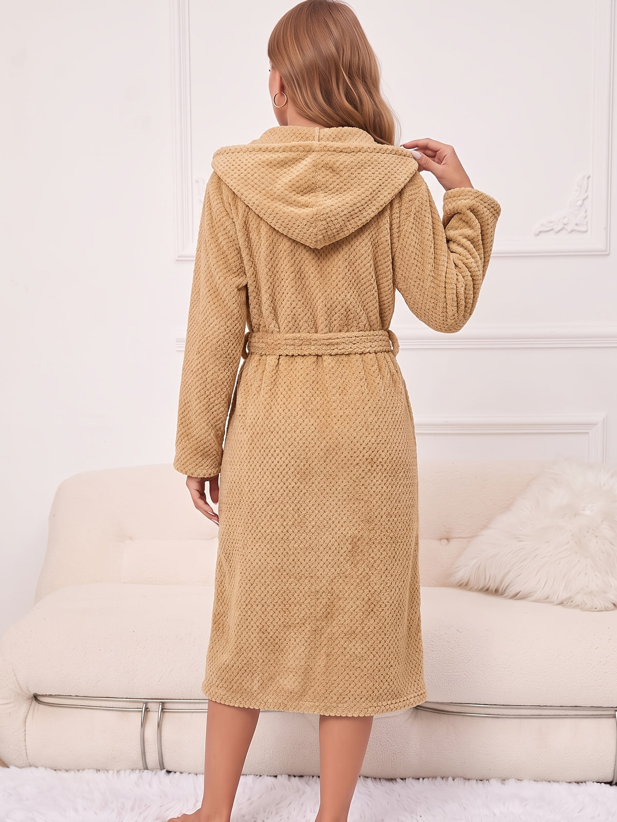 Women's long hooded tartan bathrobe