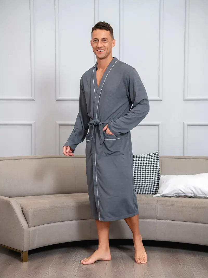 Men's long bathrobe with pockets, plus size — Grey