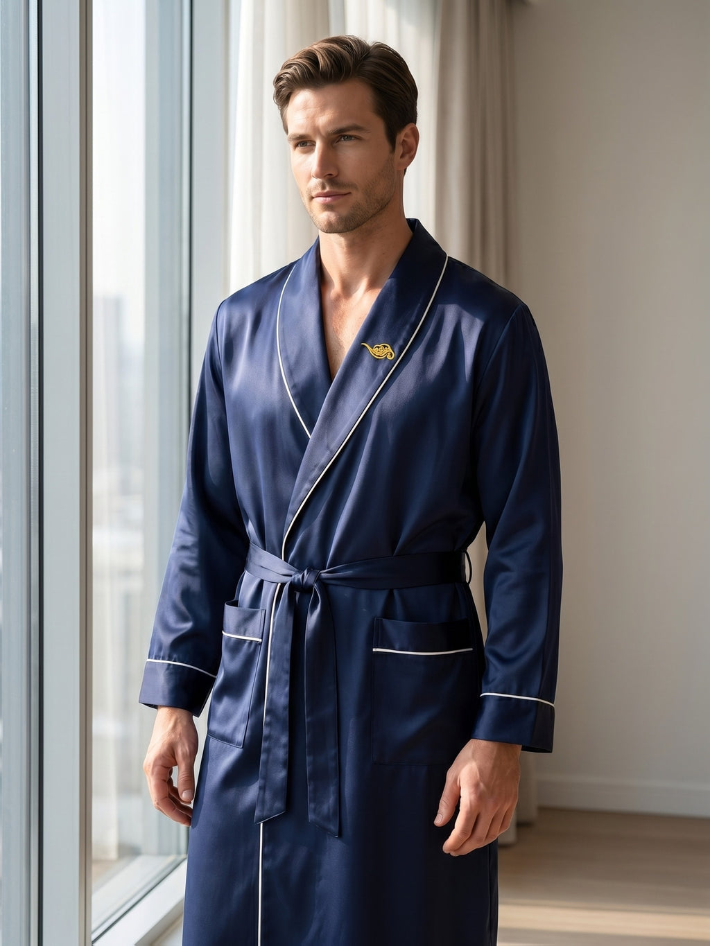 Men's embroidered satin dressing gown and shorts set