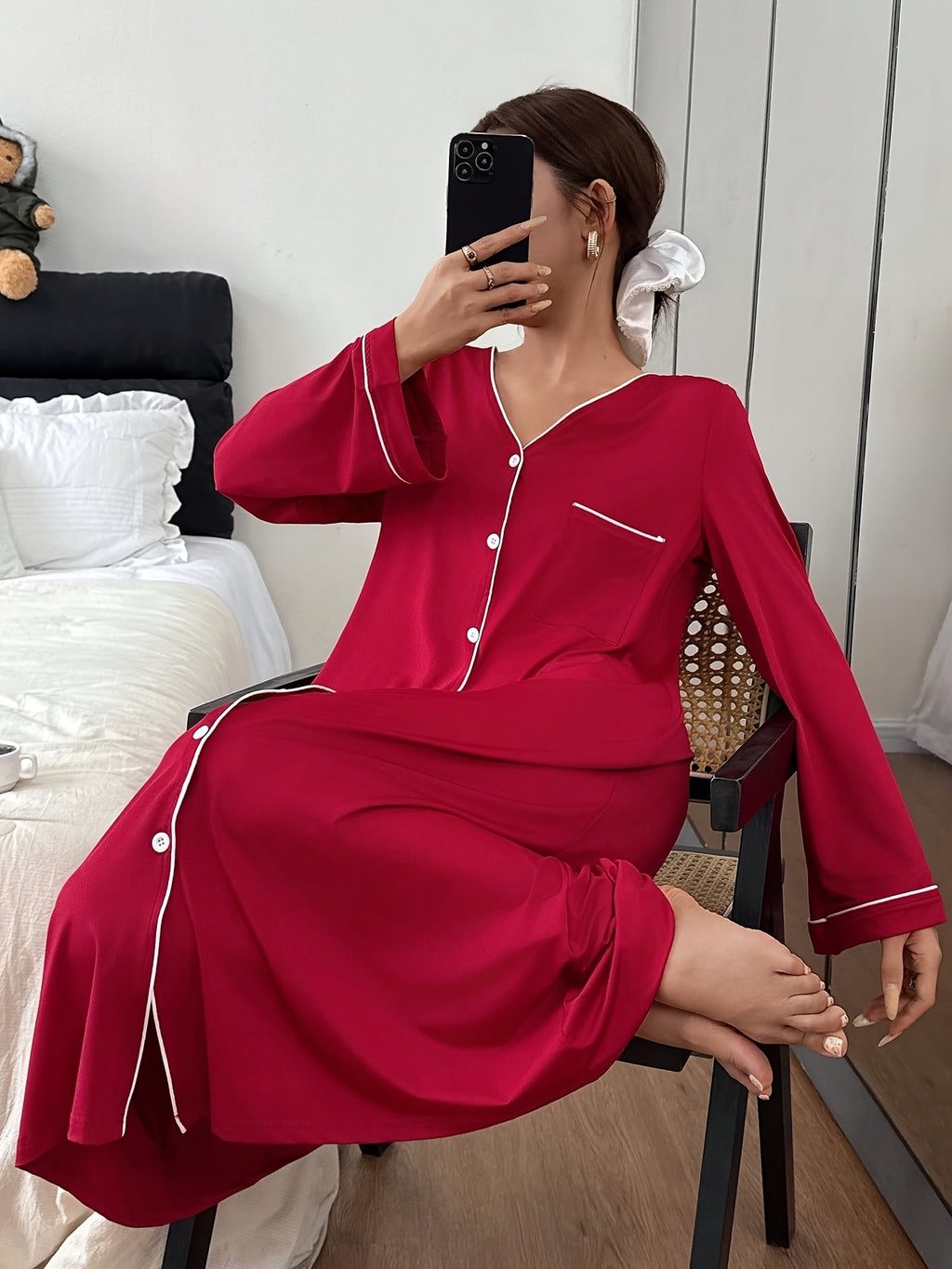 Women's burgundy button-up nightdress