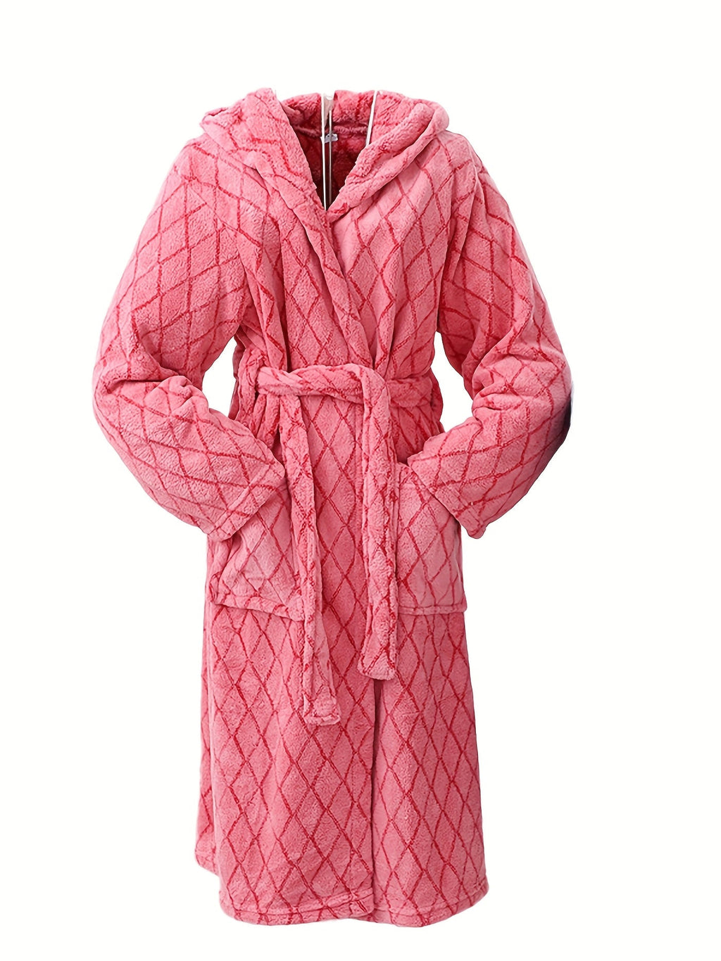 Men's blue textured hooded fleece dressing gown — Red