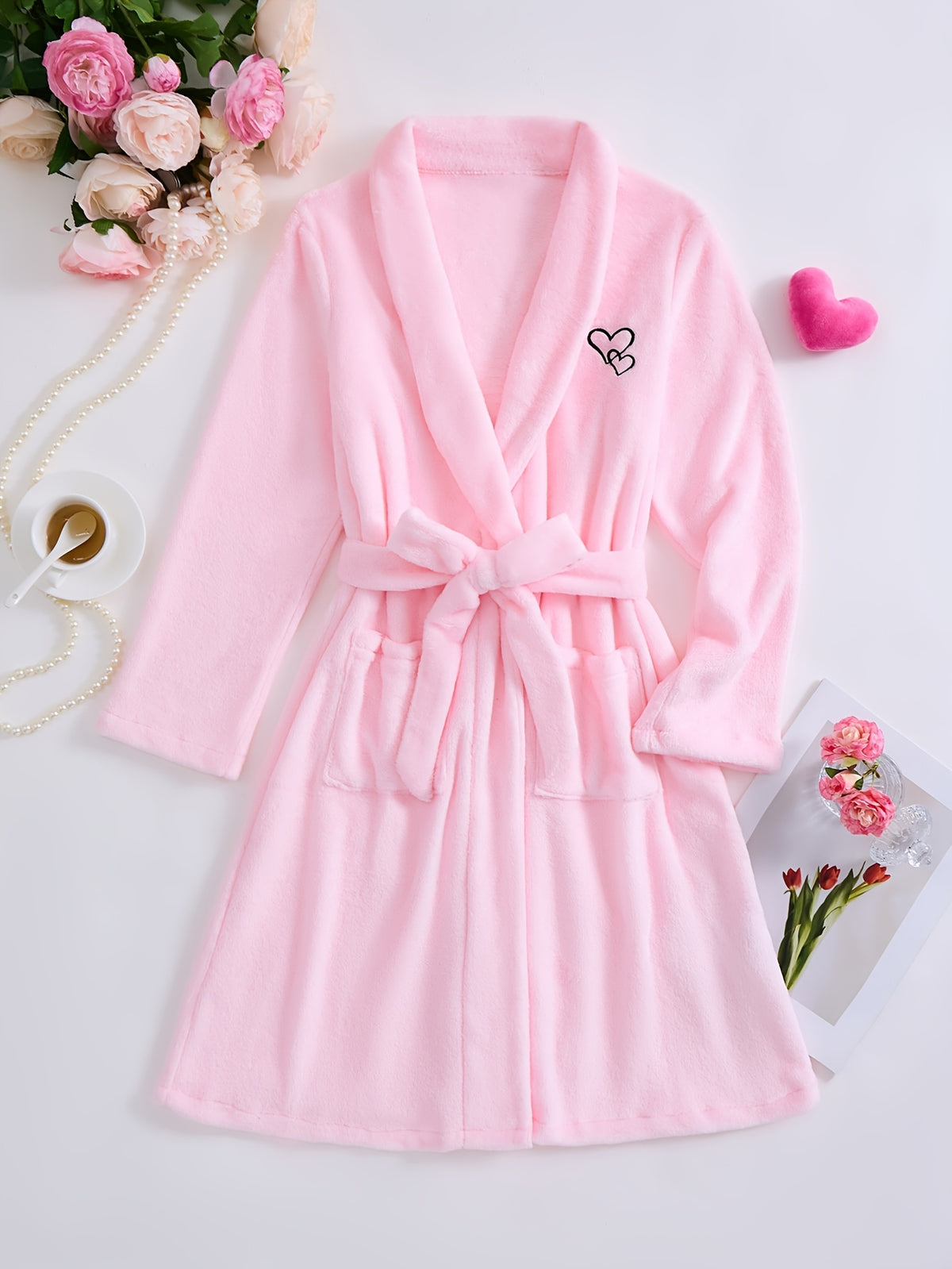 Women's pink long heart print flannel dressing gown