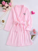 Women's pink long heart print flannel dressing gown