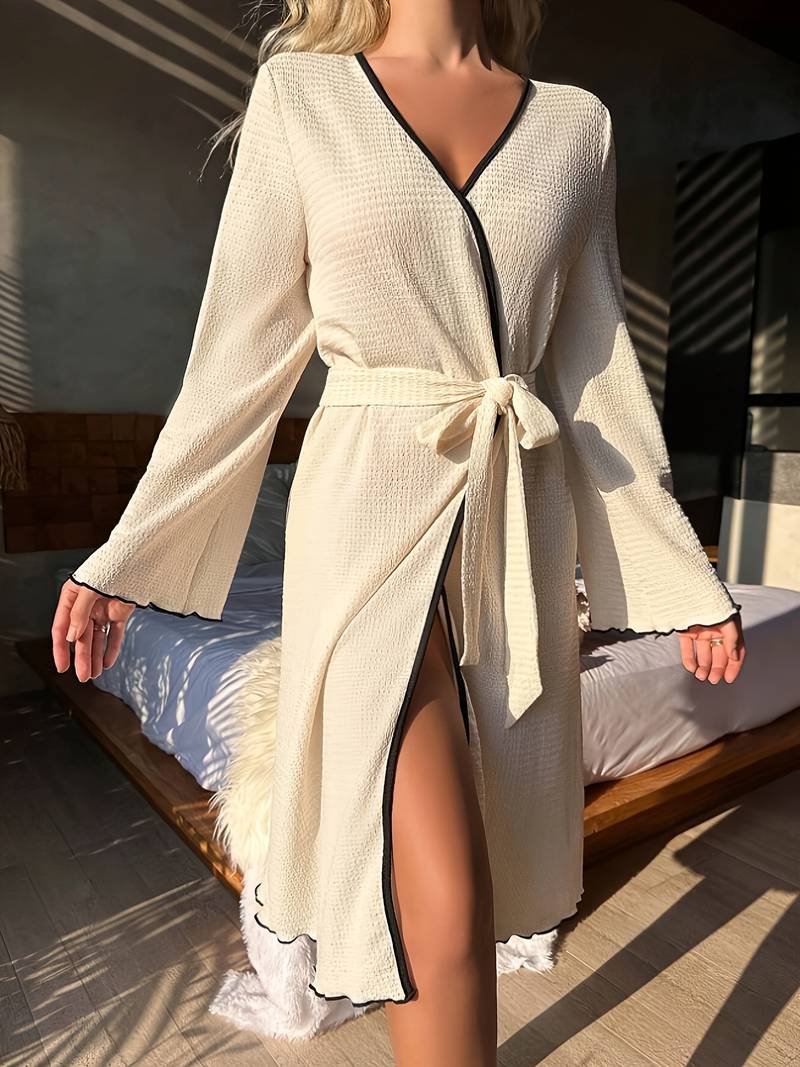 Women's long waffle bathrobe, cream