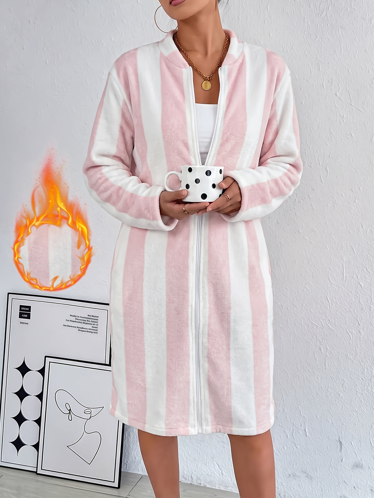 Women's pink striped flannel zip-up dressing gown Image