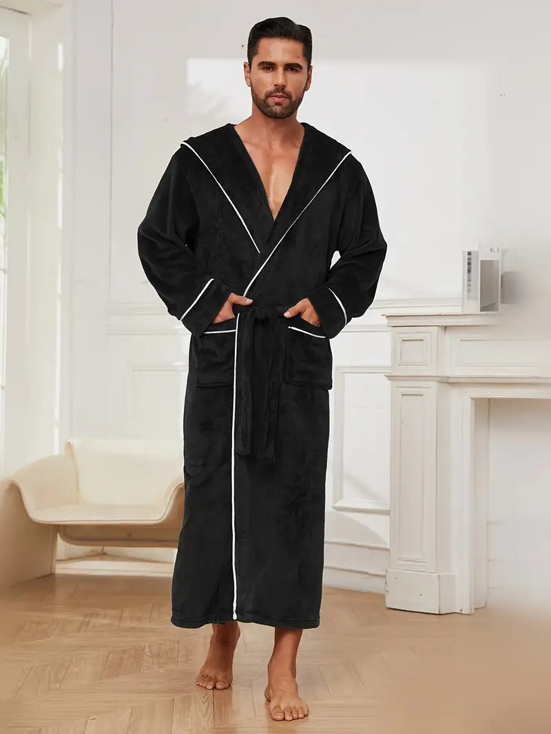 Men's luxury long hooded fleece dressing gown — Black