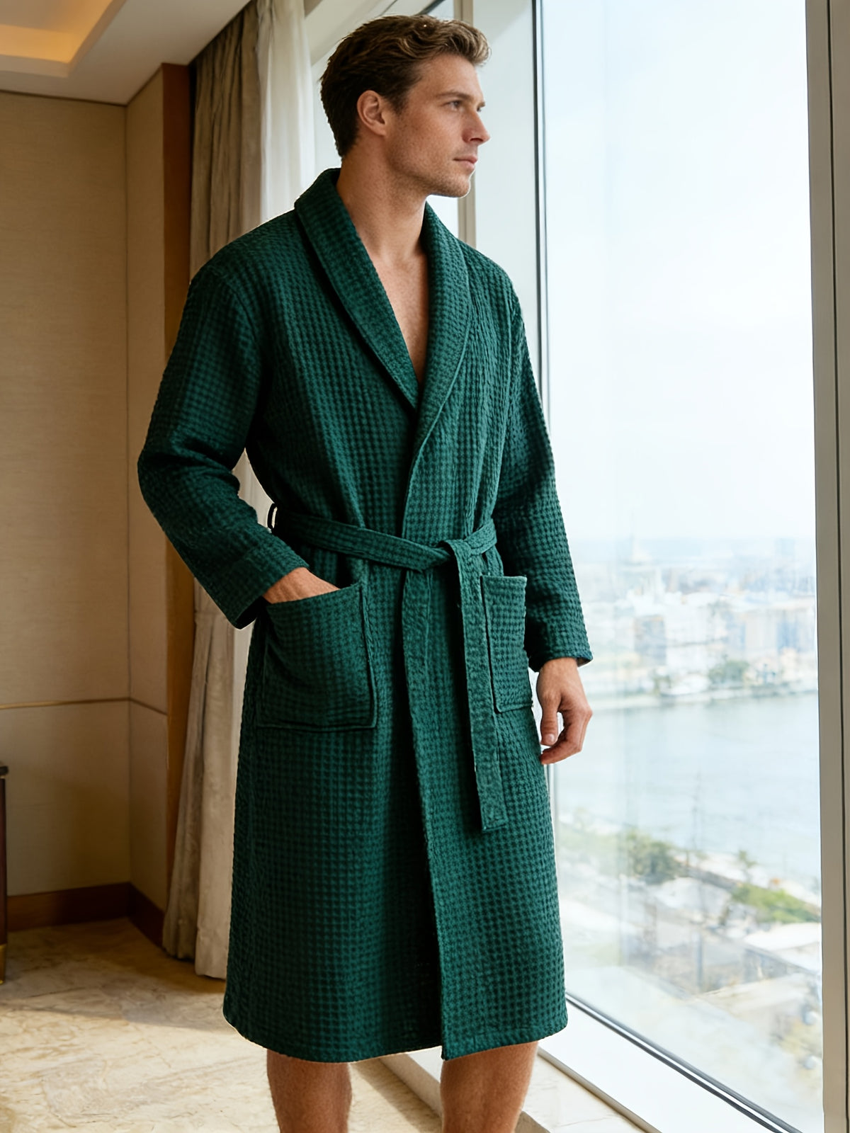 Men's plus size cotton gauze waffle bathrobe