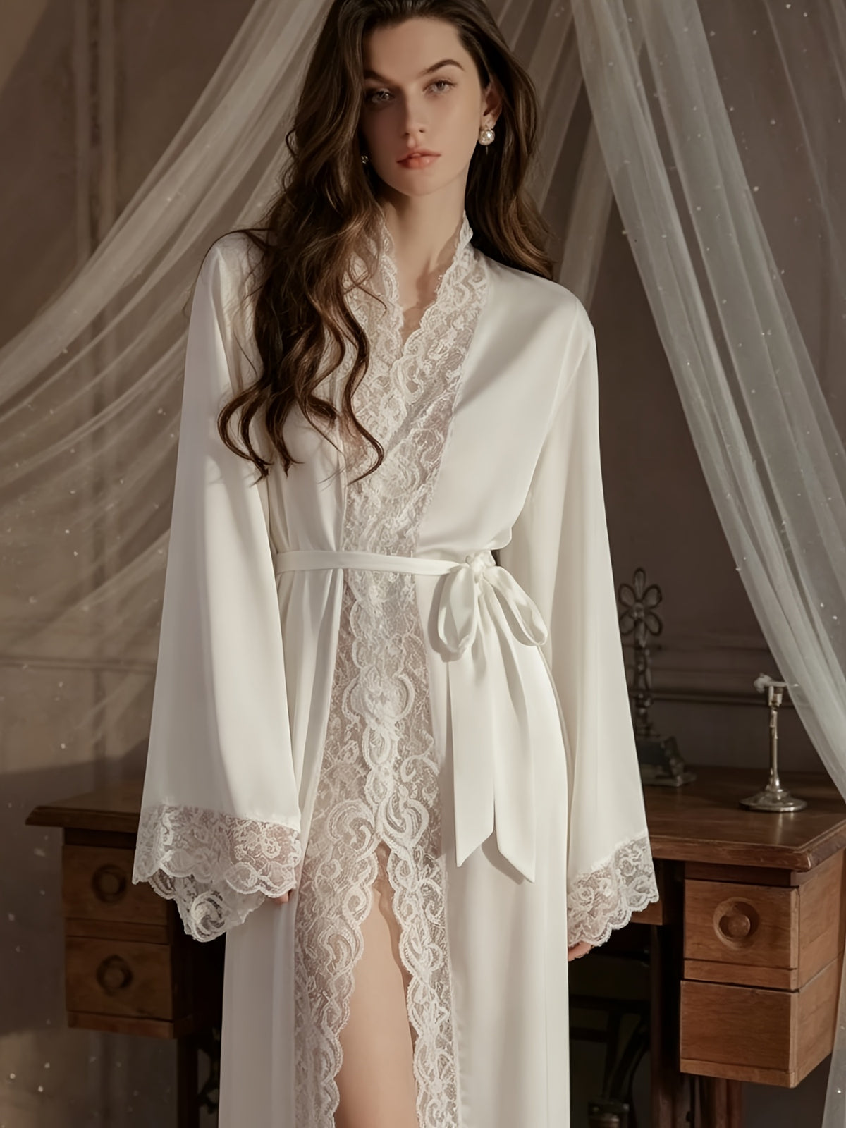 Women's white long satin dressing gown