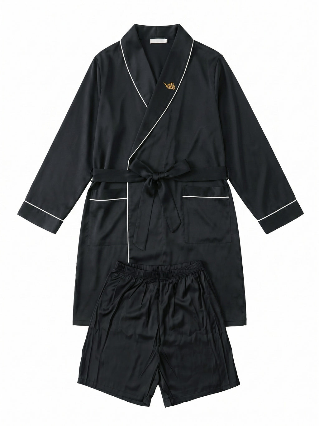 Men's embroidered satin dressing gown and shorts set