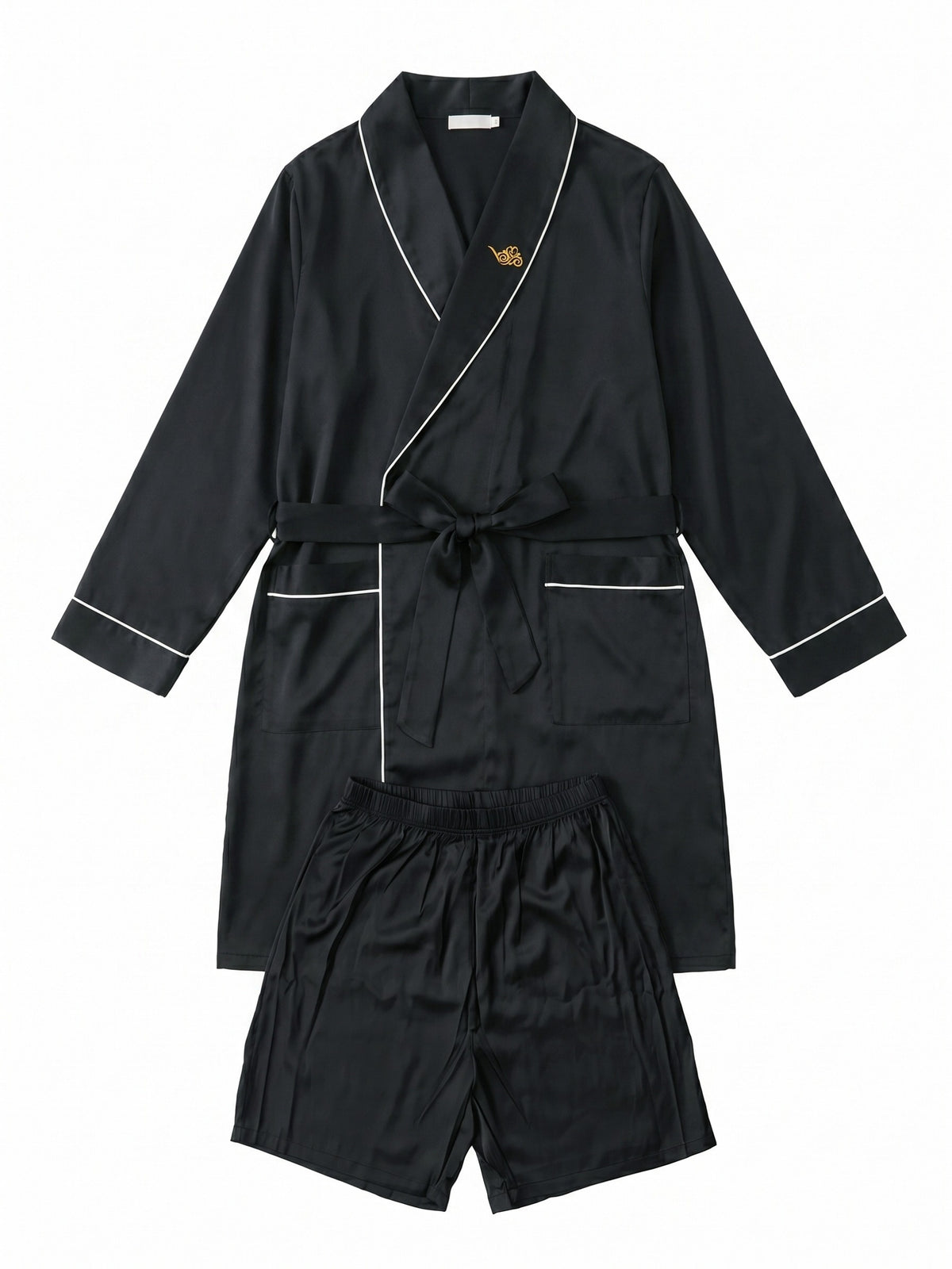 Men's embroidered satin dressing gown and shorts set
