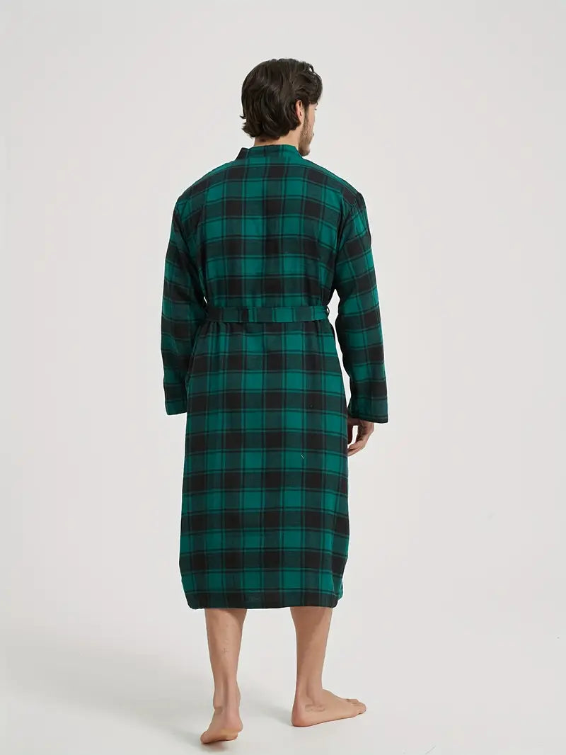 Men's long checked cotton dressing gown