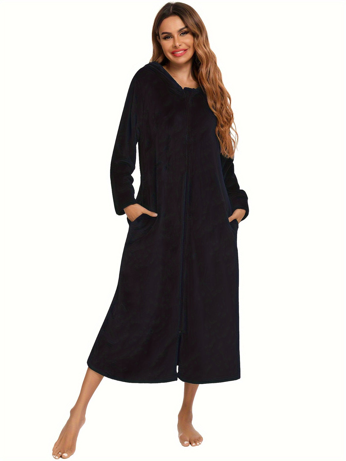 Women's hooded flannel zip-up dressing gown