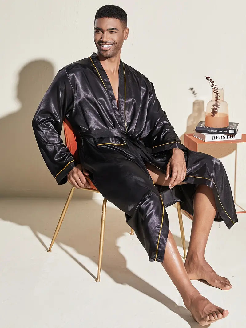 Men's long black luxury bathrobe, plus size
